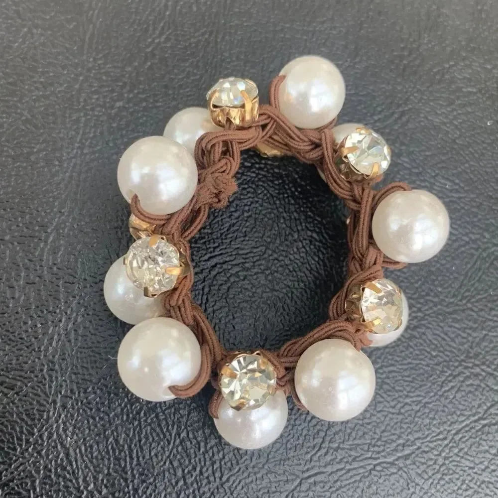 Set of 3 Pearl and Crystal Hair Ties Elastic Band Scrunchies